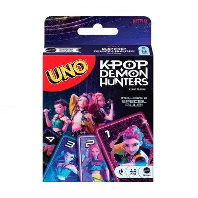 Embalagem do jogo de cartas UNO KPOP DEMON HUNTERS com personagens de anime e cartas coloridas