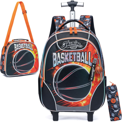 Mochila de rodas e estojo com tema de basquetebol em preto e laranja