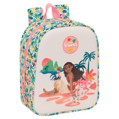 Mochila infantil floral com personagem Vaiana e texto VAJANA