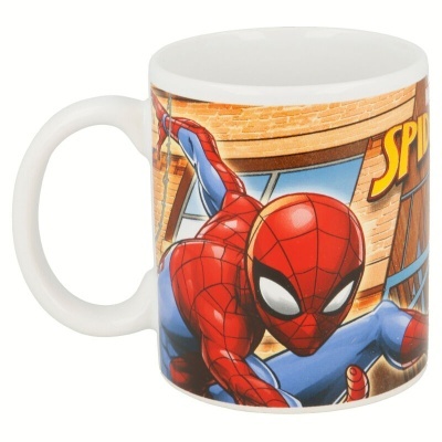 Caneca branca com imagem do Homem-Aranha em ação