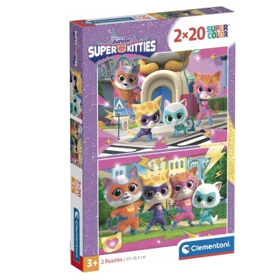 Embalagem de puzzles Clementoni com tema Super Kitties, cores roxas e gatinhos como super-heróis.