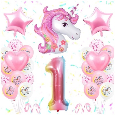 Balões variados com tema de unicórnio e número 1 em rosa e lilás