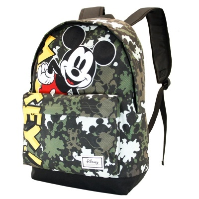Mochila camuflada verde com imagem do Mickey Mouse e etiqueta Disney
