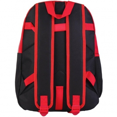 Mochila preta com detalhes vermelhos vista por trás