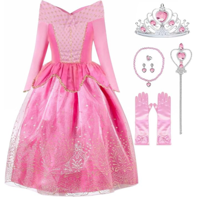 Conjunto de vestido de princesa rosa com acessórios prateados e rosas