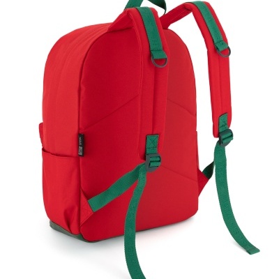 Mochila vermelha com alças verdes e dois bolsos laterais