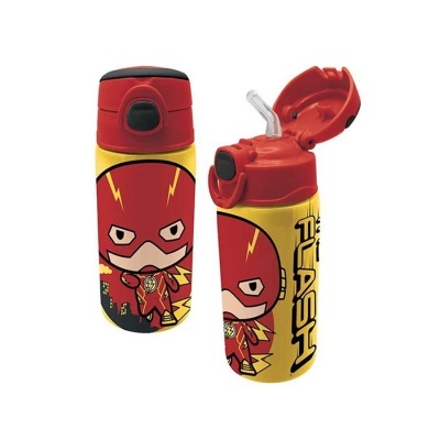 Duas garrafas de plástico amarelas e vermelhas com personagem Flash desenhado e texto THE FLASH