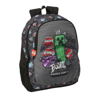 Mochila Minecraft com personagem verde e caixas TNT vermelhas