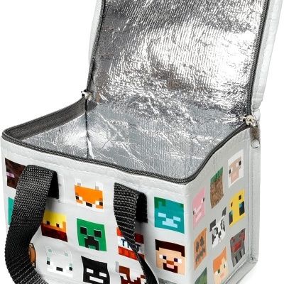 Bolsa térmica cúbica com padrão personagens Minecraft e interior prateado