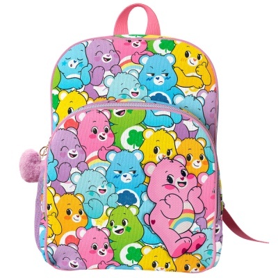 Mochila infantil colorida com ursinhos e alça rosa