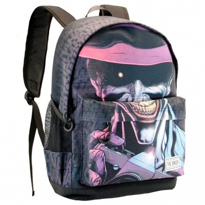 Mochila cinza com imagem colorida do Coringa e texto THE JOKER