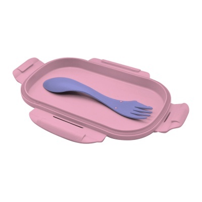 Recipiente de silicone rosa com tampa e espátula azul em fundo branco