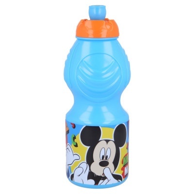 Garrafa de plástico azul com tapa laranja e imagem do Mickey Mouse
