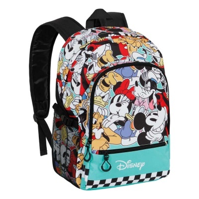Mochila colorida com personagens da Disney e bolso azul com logo