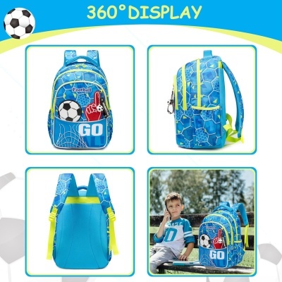 Mochila azul com estampas de futebol e detalhes amarelos vista de vários ângulos
