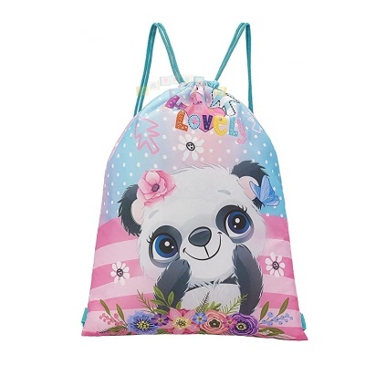 Saco mochila infantil com estampa de panda e flores em tons rosa e azul