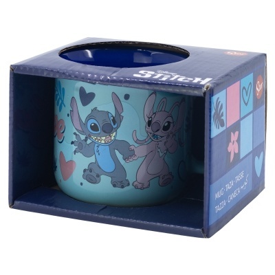 Caneca azul clara com personagens Stitch e Angel em embalagem azul