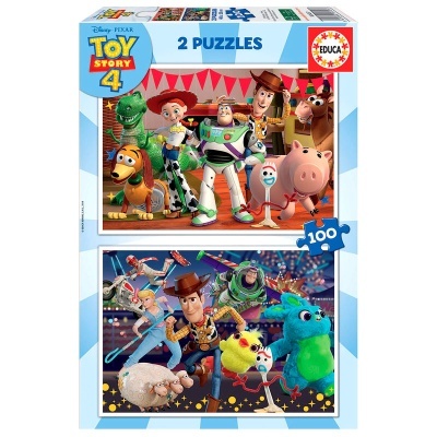 Embalagem de puzzles Educa Toy Story 4 com personagens do filme e indicação de 2 puzzles de 100 peças.