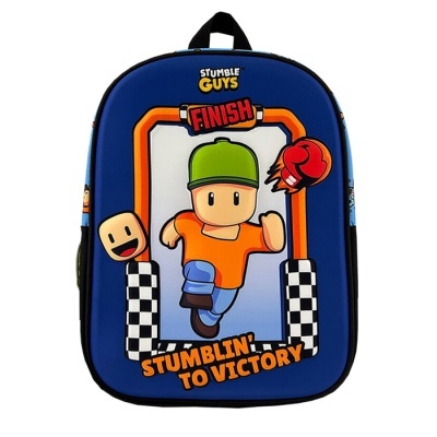Mochila azul com personagem cartoon e texto Stumble Guys