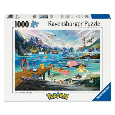 Caixa de puzzle Ravensburger 1000 peças com ilustração de Pokémon no cenário natural