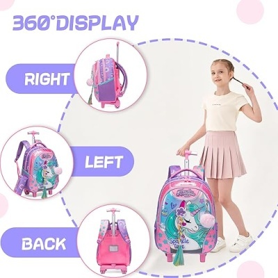 Mochila de unicórnio rosa com detalhes coloridos e pompons, vista 360 graus com menina ao lado.