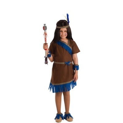 Fantasia infantil indígena castanha com franjas azuis e acessórios