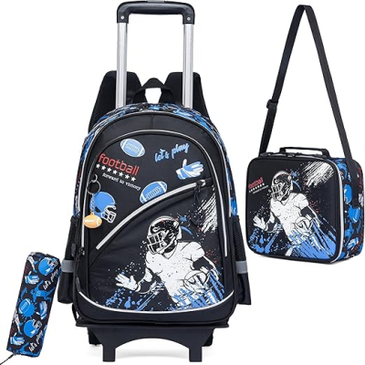 Conjunto de mochila escolar de rodinhas com tema de football americano em preto e azul