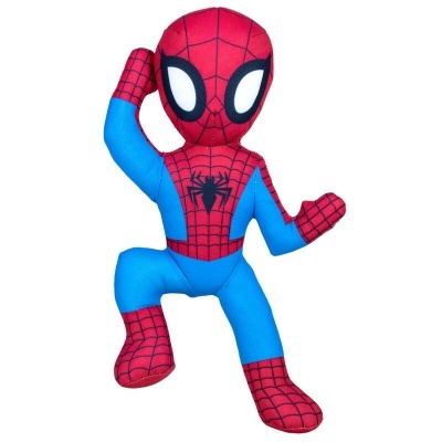 Boneco de peluche do Homem-Aranha com fatos vermelho e azul.