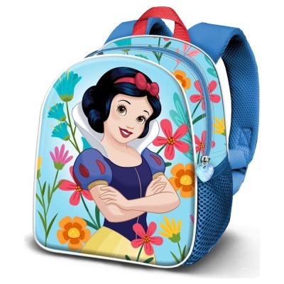 Mochila azul com imagem da Branca de Neve e flores