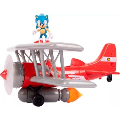Figura do Sonic num avião biplano vermelho e cinzento