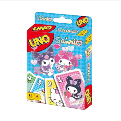 Caixa de cartas do jogo UNO edição Sanrio com personagens coloridos