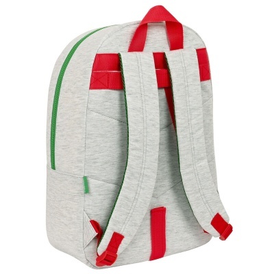 Mochila cinzenta com alças e detalhes vermelhos e zíper verde vista de trás
