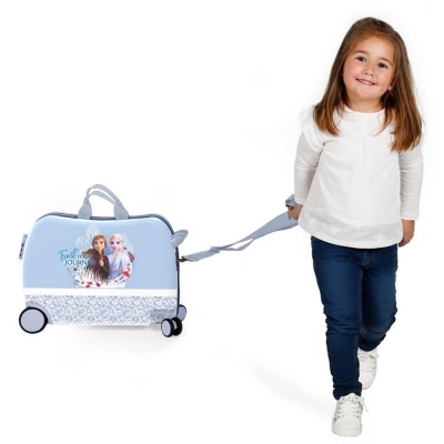 Mala de viagem infantil azul com personagens Frozen e criança a puxá-la