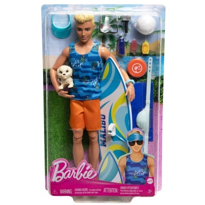 Boneco Barbie Ken vestido para praia com prancha e cachorro