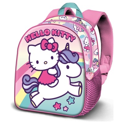 Mochila infantil rosa da Hello Kitty com unicórnio e arco-íris