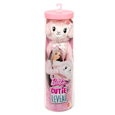 Boneca Barbie Cutie Reveal pelúcia ovelha rosa em embalagem cilíndrica