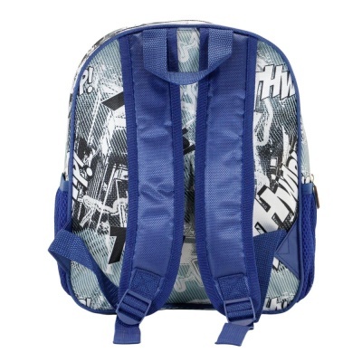 Mochila azul com padrão gráfico em cinza, preto e branco e alças azuis