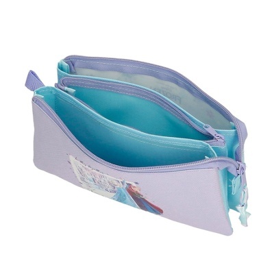 Estojo escolar lilás e azul claro com compartimentos e imagem Frozen