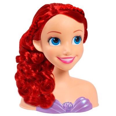 Busto de boneca com cabelo vermelho e vestido lilás