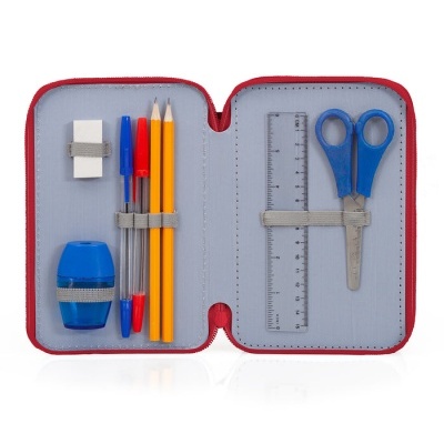 Estojo escolar aberto com material de papelaria dentro