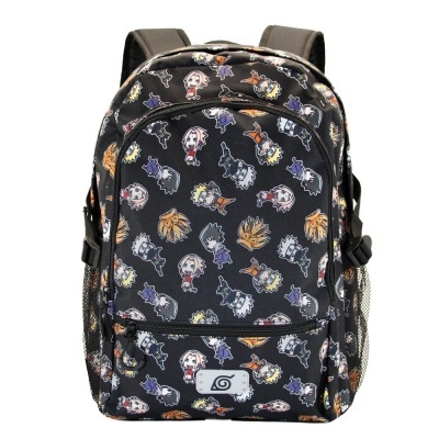 Mochila preta com padrão de personagens de anime coloridos