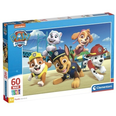 Puzzle Paw Patrol com 60 peças em caixa azul com personagens na praia