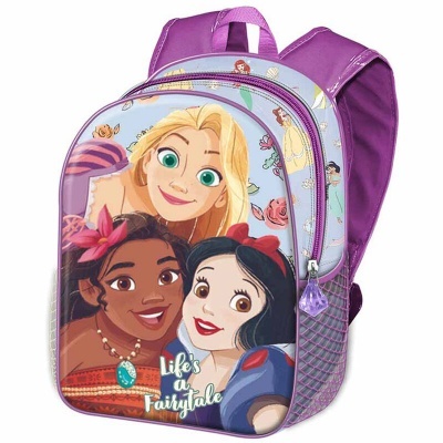 Mochila infantil lilás com estampa de princesas e texto Life's a Fairytale