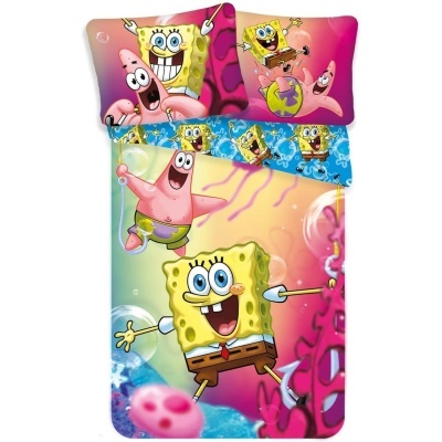 Roupa de cama com desenhos animados SpongeBob SquarePants e Patrick em cores vivas.