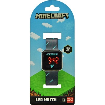 Relógio LED Minecraft com bracelete preta e embalagem azul temática Minecraft