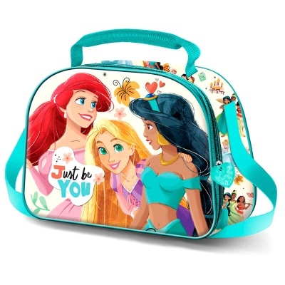 Mala infantil azul turquesa com ilustrações das personagens Ariel, Rapunzel e Jasmine e texto 'Just be YOU'.