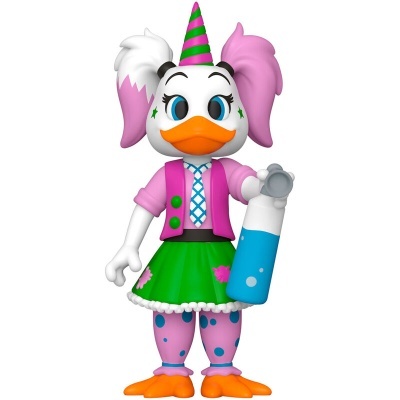 Figura de brinquedo de pato colorido com vestido e chapéu de festa