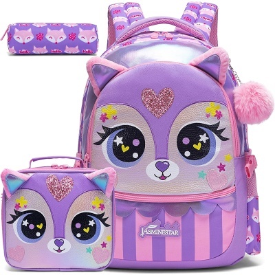 Conjunto de mochila, lancheira e estojo com padrão de raposa em roxo e rosa.