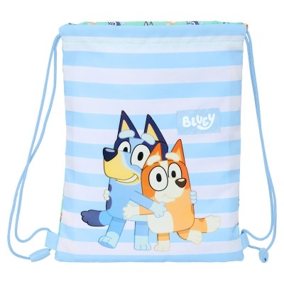 Mochila saco azul e branca com desenho de dois cães e texto BLUGY