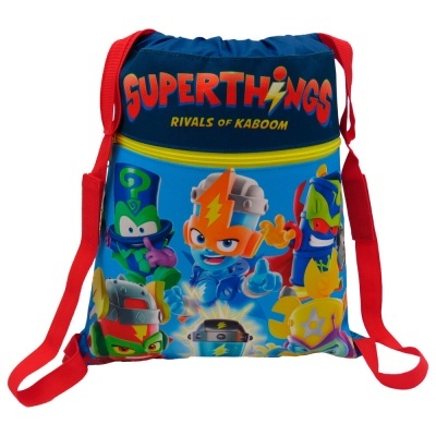 Mochila infantil azul com alças vermelhas e personagens coloridos, texto SUPerTHINGS RIVALS OF KABOOM